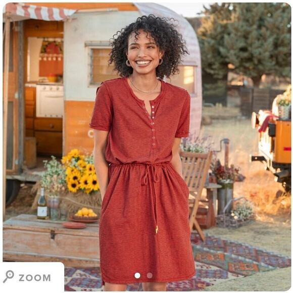 SUNDANCE Candice Stripped Easy Dress 100% Cotton Henley Casual Weekend Large - Picture 1 of 12